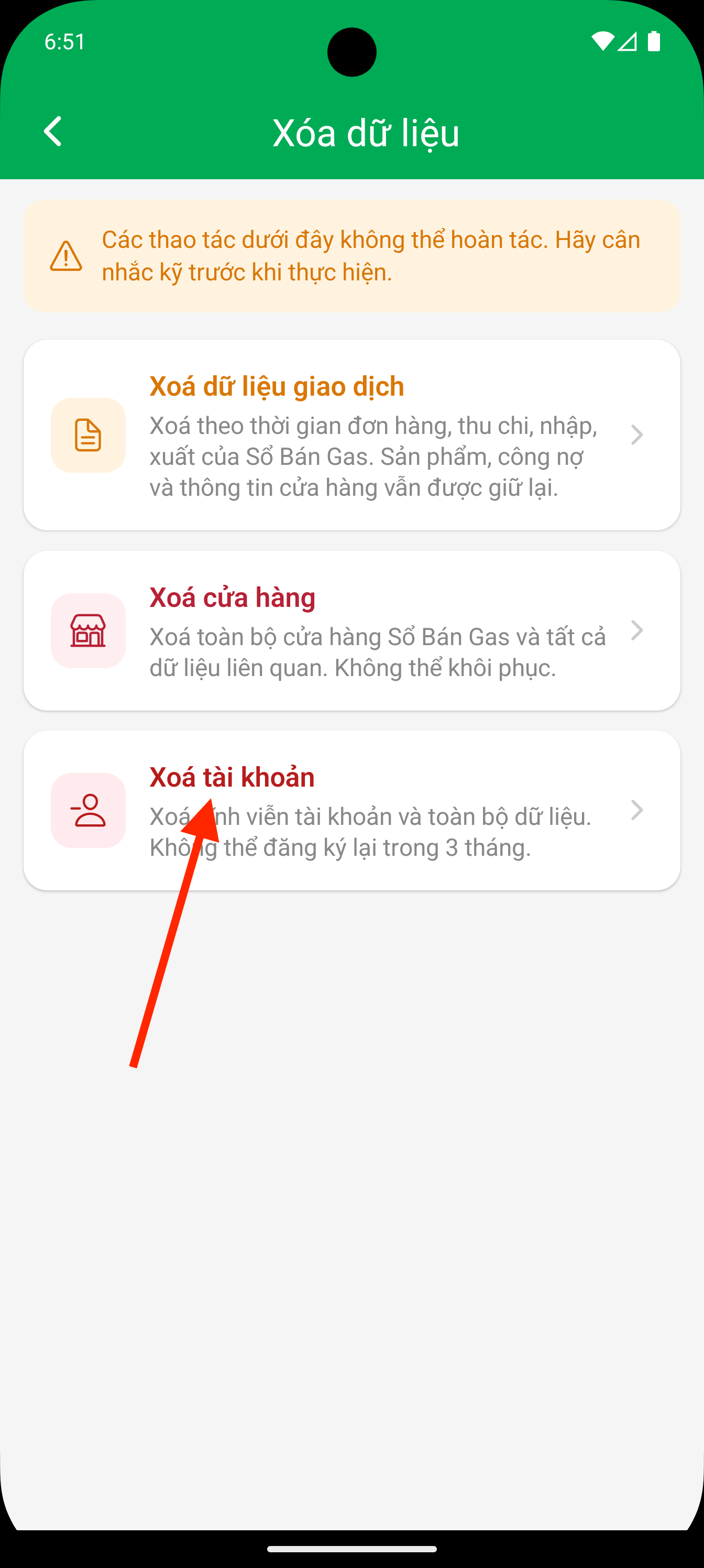 Bước 3: Chọn Xoá tài khoản trong màn Xóa dữ liệu